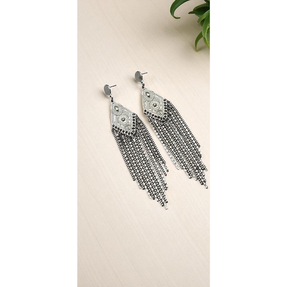 Silver Filigree Fringe Statement Earrings Rhinestone Dangle – Dramatic Glam - Picture 7 of 8